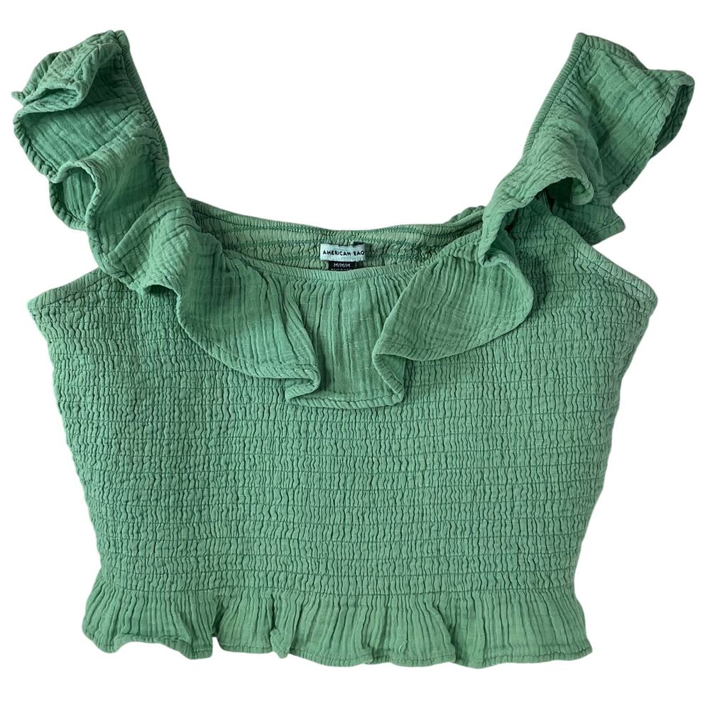 American Eagle Green Smocked Ruffle Crop Tank Size M